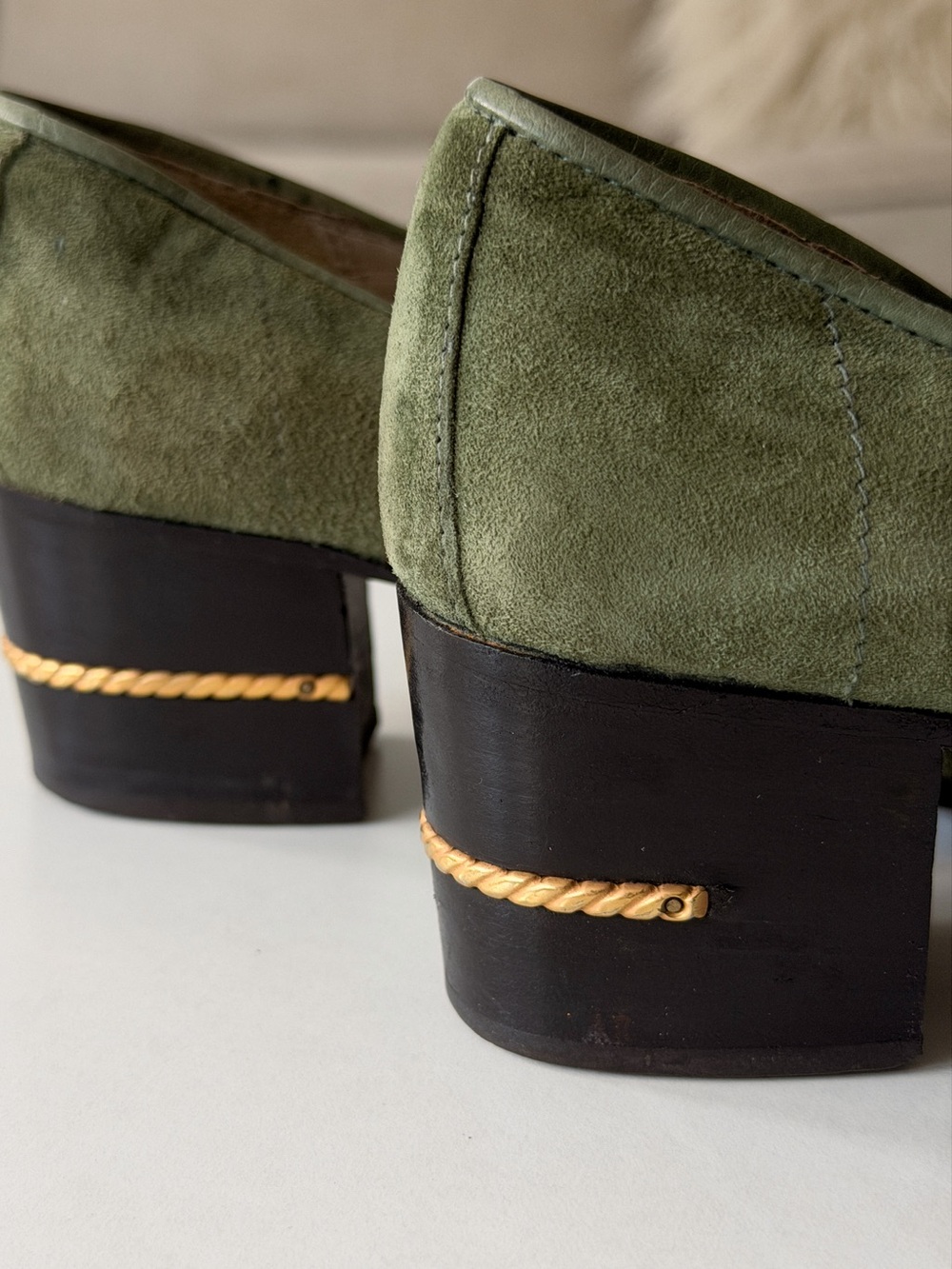 Vintage Gucci Green Suede Horsebit Block Heel Loafers - Picture 7 of 12